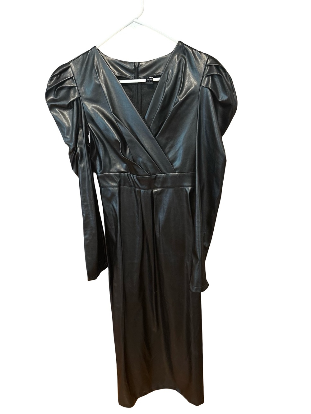 Elegant Faux Leather Black Puff-Sleeve Wrap Long Dress